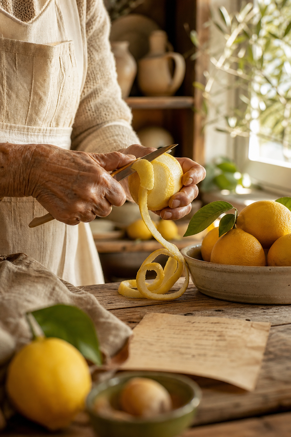 Nonna peeling a lemon by hand